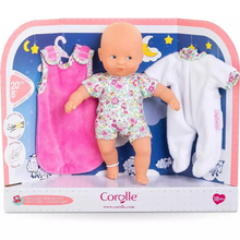 Load image into Gallery viewer, Meet the perfect bedtime companion for little ones! The Corolle Mini Calin Good Night Blossom Garden Set features an adorable 8-inch soft-bodied baby doll dressed in sweet pajamas, complete with a cozy sleeper bag for pretend sleepovers. This charming set includes a soft onesie and wraparound blanket, encouraging imaginative nurturing play. Ideal for children 18 months and up.
