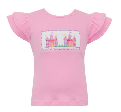 Experience the magic of our Girl's Princess Castle Smocked Short Set by Anavini. This adorable set includes a pink knit ruffle sleeve tee adorned with a charming princess castle smocking and lilac gingham shorts. Your little princess will look and feel like royalty in this enchanting outfit.