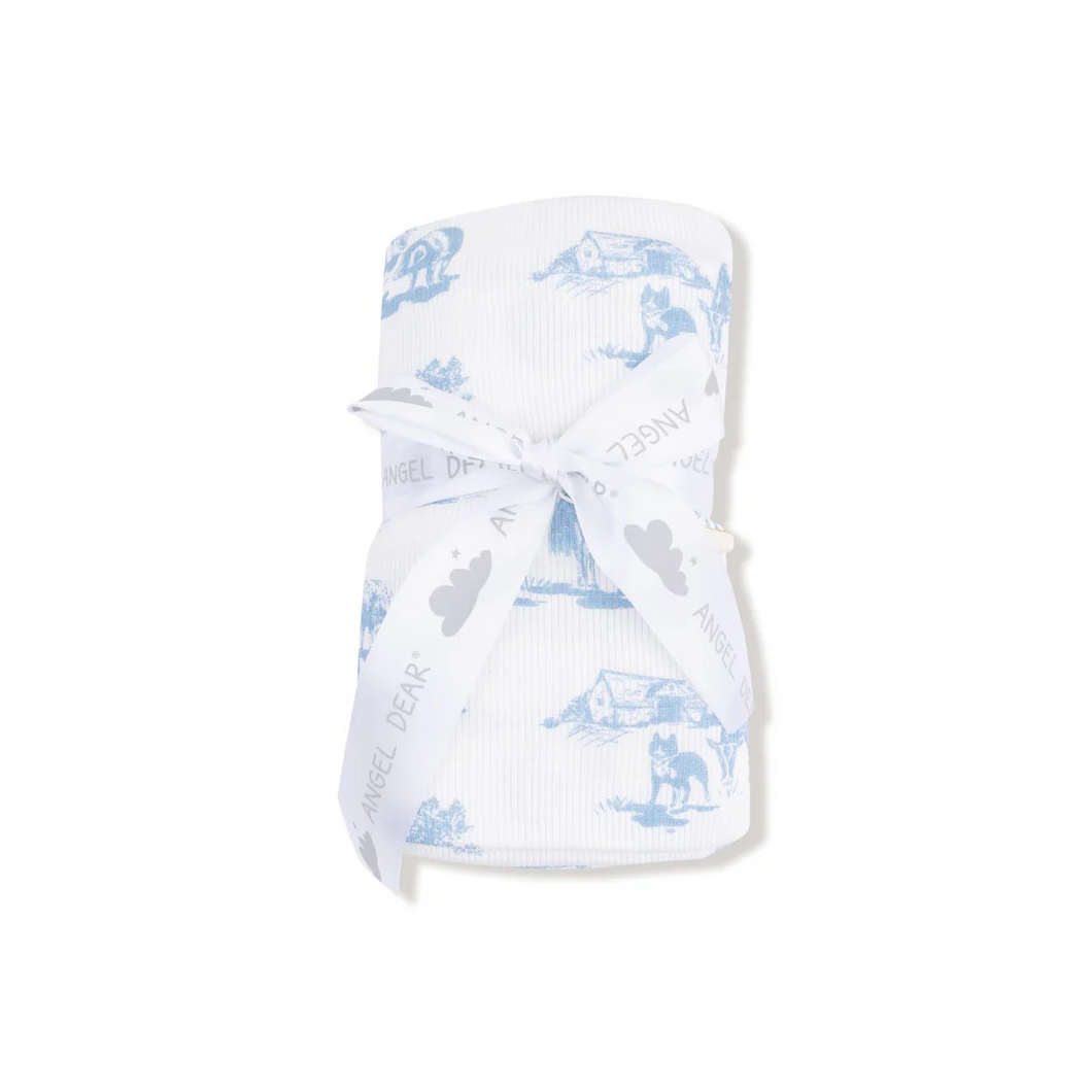 The Farm Toile Blue Ribbed Swaddle Blanket by Angel Dear is crafted from ultra-soft modal fabric, matching the cozy feel of the coordinating footie. Its gentle texture provides comfort and warmth, making it an ideal swaddle for your baby’s delicate skin. Perfect as a thoughtful gift, this blanket offers both style and functionality, helping your little one rest peacefully in a soothing wrap. Make every moment snug and special with this beautifully designed swaddle