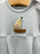 Load image into Gallery viewer, Let your little one set sail in style with this Infant Boy&#39;s Blue Bear Sailing Romper by Squiggles! Featuring an adorable bear sailing appliqué, this soft blue romper is perfect for any adventure. Made with comfort and cuteness in mind, it&#39;s a must-have for your little sailor!
