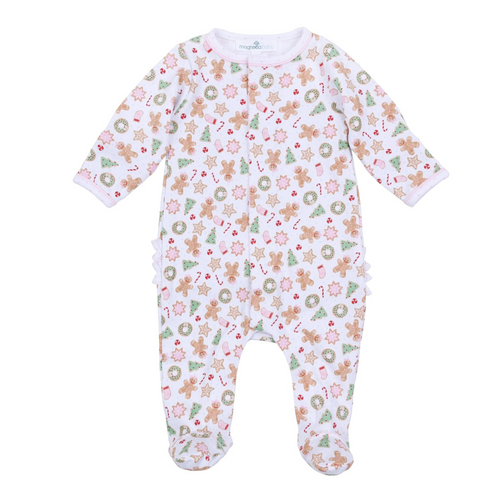 Dress your baby girl in cozy comfort and festive charm with this Frosted Wonderland footie. Made from 100% soft, breathable Pima Cotton, it gently caresses delicate skin while keeping your little one comfortable all day. The delightful all-over print of gingerbread girls, stars, snowflakes, and ruffle back adds a sweet holiday touch, making it the perfect choice for seasonal celebrations and cozy winter moments. Sibling matches available!