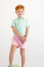 Load image into Gallery viewer, Dapper from day one, the Prim &amp; Proper Polo &amp; Onesie in Sumner County Stripe (Grace Bay Green) with Multicolor Stork brings preppy style to the littlest gentleman. This boys' polo onesie features classic stripes and a charming embroidered stork, combining the polished look of a polo with the convenience of a one-piece snap closure. Perfect for family photos, special occasions, or simply looking his best every day, it's the outfit that makes dressing easy and keeps him comfortable through all his baby advent
