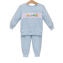 Load image into Gallery viewer, Ignite your little one’s imagination with the Train Jogger Set by Trotter Street Kids. This soft, light blue set features charming train embroidery, perfect for boys who adore trains. Cozy and stylish, it’s ideal for autumn mornings, playdates, or daycare adventures!
