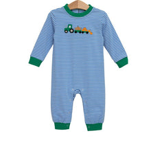 Load image into Gallery viewer, Dress your little one in the Tractor Trail Romper by Trotter Street Kids, where cozy stripes meet playful tractor and pumpkin details. This charming romper, with its soft green accents, keeps your infant warm and adorable on every crisp fall day!
