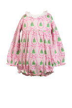 Load image into Gallery viewer, The Pink Tannenbaum Bubble by The Proper Peony delights with its soft pink Christmas pine print and crisp white ruffled collar, dressing your little girl in festive charm and timeless sweetness this holiday season.
