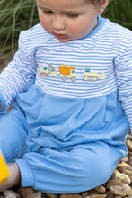 Load image into Gallery viewer, Dress your little builder in the Construction Trucks Romper by Trotter Street Kids! Soft, cozy fabric with charming truck appliqués and autumn-ready long sleeves and pants make it the perfect outfit to keep your baby boy comfortable and adorable all season long.
