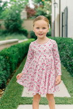 Load image into Gallery viewer, The Proper Peony’s Zinnia Blooms Twirl Dress delights with vibrant floral prints on soft Pima cotton, offering cozy comfort and twirl-worthy style for toddler girls. Perfect for winter holidays, it brings joy and charm to every special moment with effortless grace.
