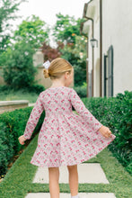 Load image into Gallery viewer, The Proper Peony’s Zinnia Blooms Twirl Dress delights with vibrant floral prints on soft Pima cotton, offering cozy comfort and twirl-worthy style for toddler girls. Perfect for winter holidays, it brings joy and charm to every special moment with effortless grace.
