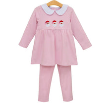 Load image into Gallery viewer, Celebrate the magic of Christmas with the Santa Trio Girls Pant Set by Trotter Street Kids. This charming outfit pairs a soft pink and white striped tee, decorated with adorable Santa appliqués and a delicate Peter Pan collar, with cozy pink pants—designed to bring festive joy and comfort to your little one!


