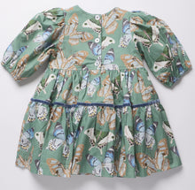 Load image into Gallery viewer, Pink Chicken’s Girls Maribelle Dress in Green Butterflies brings playful elegance to every twirl. The delicate butterfly print and navy velour ribbon trim create a charming look that delights and inspires confidence in every step. Perfect for joyful moments and unforgettable memories!

