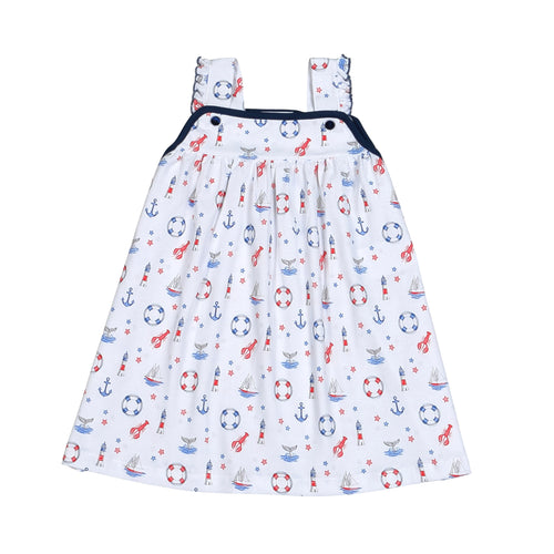 The Ahoy Sailor Dress from Baby Loren will keep your little one stylish and comfortable this summer. Made from 100% Pima cotton, this dress includes a sleeveless tunic with a nautical motif. Perfect for the beach and beyond! Grab the infant bloomer set version for a sibling match!