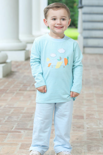 Dress your little aviator in the Boys Airplane Applique Pant Set from Trotter Street Kids. This charming striped tee features a playful airplane applique that adds a touch of adventure to your little one's wardrobe. Crafted for comfort and ease, it’s perfect for all-day wear and makes an adorable outfit for any occasion. Give your boy a cozy, stylish start with this must-have pant set.