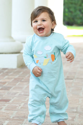 Dress your little aviator in the Infant Boys Airplane Long Romper from Trotter Street Kids. This charming striped romper features a playful airplane applique that adds a touch of adventure to your baby’s wardrobe. Crafted for comfort and ease, it’s perfect for all-day wear and makes an adorable outfit for any occasion. Give your infant boy a cozy, stylish start with this must-have romper.