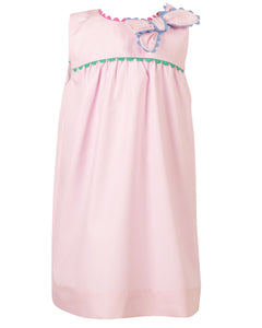 Introducing the Annie Bow Dress from The Yellow Lamb, a must-have for toddler girls. This light pink dress features a beautiful bow on one shoulder with colorful ric rac detail. Dress up your little one in style and complete the look for sisters with the matching pantaloon set for infant girls.