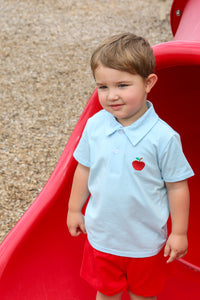 This classic light blue polo elevates your boy's back-to-school wardrobe with its charming apple applique logo. Perfect for classroom style or special occasions, this versatile shirt combines timeless design with playful details. Give your little one the confidence of looking polished while celebrating the school season in adorable fashion