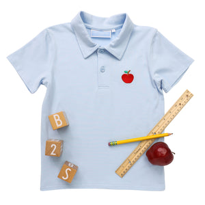 This classic light blue polo elevates your boy's back-to-school wardrobe with its charming apple applique logo. Perfect for classroom style or special occasions, this versatile shirt combines timeless design with playful details. Give your little one the confidence of looking polished while celebrating the school season in adorable fashion