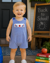 Load image into Gallery viewer, Dress your little one in the Apple Ashton Shortall by Zuccini Kids—a charming blend of blue and white stripes with playful apple and truck smocking that sparks joy and imagination. Perfect for adventurous infants ready to explore the world in style and comfort!

