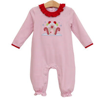 Load image into Gallery viewer, The Gingerbread House Romper by Trotter Street Kids wraps your little one in cozy warmth with soft pink and white knit, accented by a charming gingerbread house appliqué and festive red ruffles. Perfect for joyful Christmas moments and chilly days!
