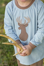 Load image into Gallery viewer, Dress your little explorer in the Deer Pant Set by Trotter Street Kids—a cozy striped tee with an adorable deer appliqué, matched with warm brown pants. Perfect for crisp autumn days, it brings comfort and charm to every outdoor adventure!
