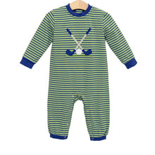 Load image into Gallery viewer, Trotter Street Kids’ Golf Appliqué Romper blends cozy autumn comfort with playful charm. Its green and blue stripes, accented by delightful golf appliqués, make it an ideal choice for little ones in golf-loving families to wear with pride and joy.
