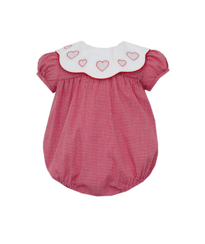 Fall in love with our Infant Girl's Hearts Bubble by Anavini! This adorable red gingham bubble features a white scalloped collar with delicate embroidered hearts. Perfect for your little one to wear on any occasion. So cute and charming, it's bound to capture hearts!