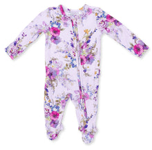 Load image into Gallery viewer, Angel Dear’s Dahlia Floral Convertible Romper wraps your little one in vibrant purple blooms, blending comfort with joyful style. Perfect for brightening any day, this versatile romper brings charm and ease to your infant’s wardrobe. A delightful gift that sparks smiles and endless cuddles!

**NB size is a 2 Way Zipper Footie**
