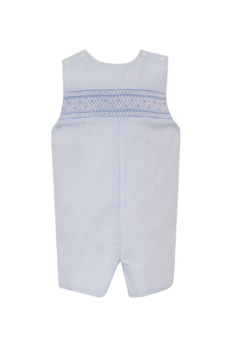 Introducing the perfect outfit for your little boy - the Boy's Blue Tiny Stripe Jon Jon by Petit Bebe! Made with high-quality fabric, it features a charming tiny stripe pattern and delicate blue and white smocking. Dress your little one in style and comfort with this adorable Jon Jon.