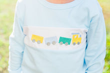 Load image into Gallery viewer, Ignite your little one’s imagination with the Train Jogger Set by Trotter Street Kids. This soft, light blue set features charming train embroidery, perfect for boys who adore trains. Cozy and stylish, it’s ideal for autumn mornings, playdates, or daycare adventures!
