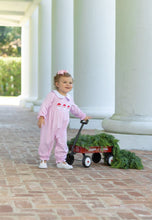 Load image into Gallery viewer, Celebrate the season with the Santa Trio Infant Girls Romper by Trotter Street Kids. Its soft pink and white stripes pair beautifully with a delicate Peter Pan collar, while charming Santa trio appliqués add festive magic to your little one’s holiday moments!
