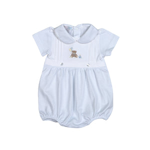 This adorable Birthday Bear Blue Striped Bubble from Baby Loren is perfect for celebrating your little one's special day! The soft blue fabric adds a touch of sweetness while the embroidered birthday bear adds a charming touch. Your child will look and feel great while attending any birthday party!
