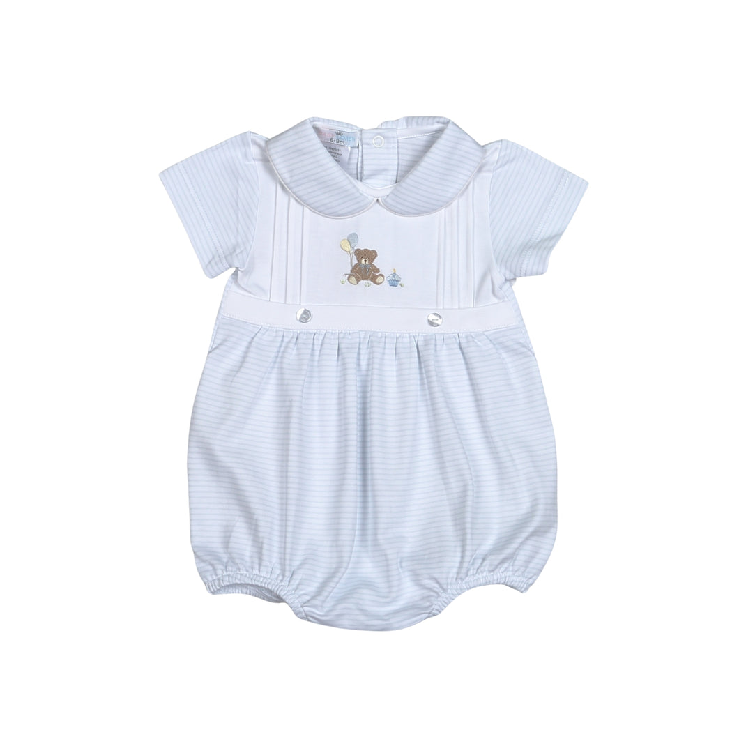 This adorable Birthday Bear Blue Striped Bubble from Baby Loren is perfect for celebrating your little one's special day! The soft blue fabric adds a touch of sweetness while the embroidered birthday bear adds a charming touch. Your child will look and feel great while attending any birthday party!