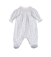 Load image into Gallery viewer, Dress your little one in the Bella Pink Floral Hand Smocked Bishop Footie by Baby Loren, crafted from soft pima cotton for gentle comfort. Its delicate bishop smocked neckline and elegant floral embroidery add timeless charm, making it perfect for special occasions or everyday wear. This beautifully detailed footie ensures your infant girl stays cozy while looking effortlessly adorable.
