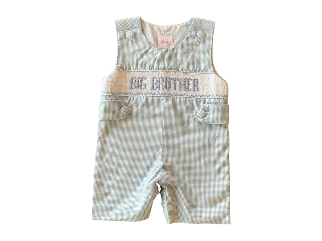Celebrate his special role with the Boys Big Brother Smocked Jon Jon from Shop Teeta. Featuring a charming blue and white gingham print Jon Jon with smocked detail with embroidered with 