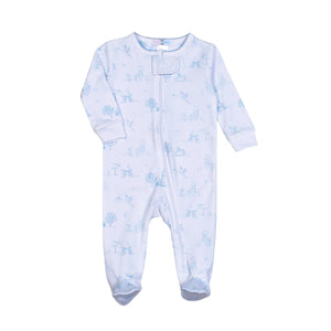 This Baby Boy Toile Pima Zipper Footie from Baby Loren is the perfect outfit for your newborn boy. With a classic toile design featuring a stork and baby carriage, this footie is both stylish and comfortable. Made from soft Pima cotton, it is sure to keep your baby cozy and warm. Dress your little one in style with this charming footie.