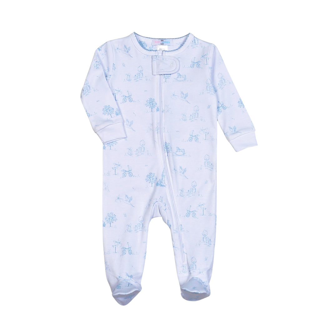 This Baby Boy Toile Pima Zipper Footie from Baby Loren is the perfect outfit for your newborn boy. With a classic toile design featuring a stork and baby carriage, this footie is both stylish and comfortable. Made from soft Pima cotton, it is sure to keep your baby cozy and warm. Dress your little one in style with this charming footie.