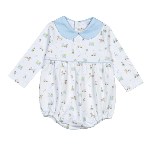 Dress your little one in the Infant Boys Toy Print Bubble by Baby Loren, crafted from soft 100% Pima cotton for gentle comfort. Featuring a charming classic toy print, a light blue Peter Pan collar, and delicate piping details, this bubble combines style and coziness perfectly. Ideal for fall events, it offers an elegant yet playful look that will make your infant boy stand out with ease.