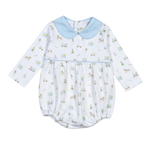 Dress your little one in the Infant Boys Toy Print Bubble by Baby Loren, crafted from soft 100% Pima cotton for gentle comfort. Featuring a charming classic toy print, a light blue Peter Pan collar, and delicate piping details, this bubble combines style and coziness perfectly. Ideal for fall events, it offers an elegant yet playful look that will make your infant boy stand out with ease.