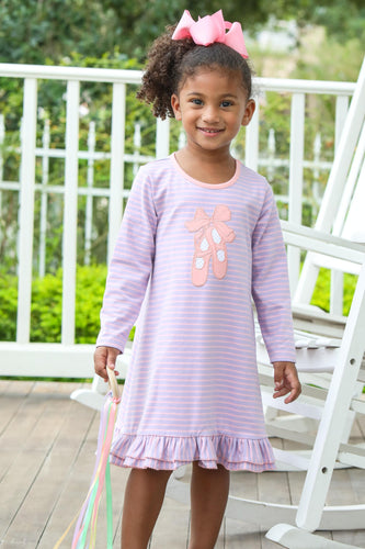 Dress your toddler in charm and comfort with the Girls Ballet Slipper Striped Dress from Trotter Street Kids. This sweet dress features an adorable ballet slipper applique, stripes, and ruffle hem allowing effortless movement and playful style. Perfect for everyday fun or special outings, it offers a cozy fit that keeps your little one comfortable and stylish all day long.