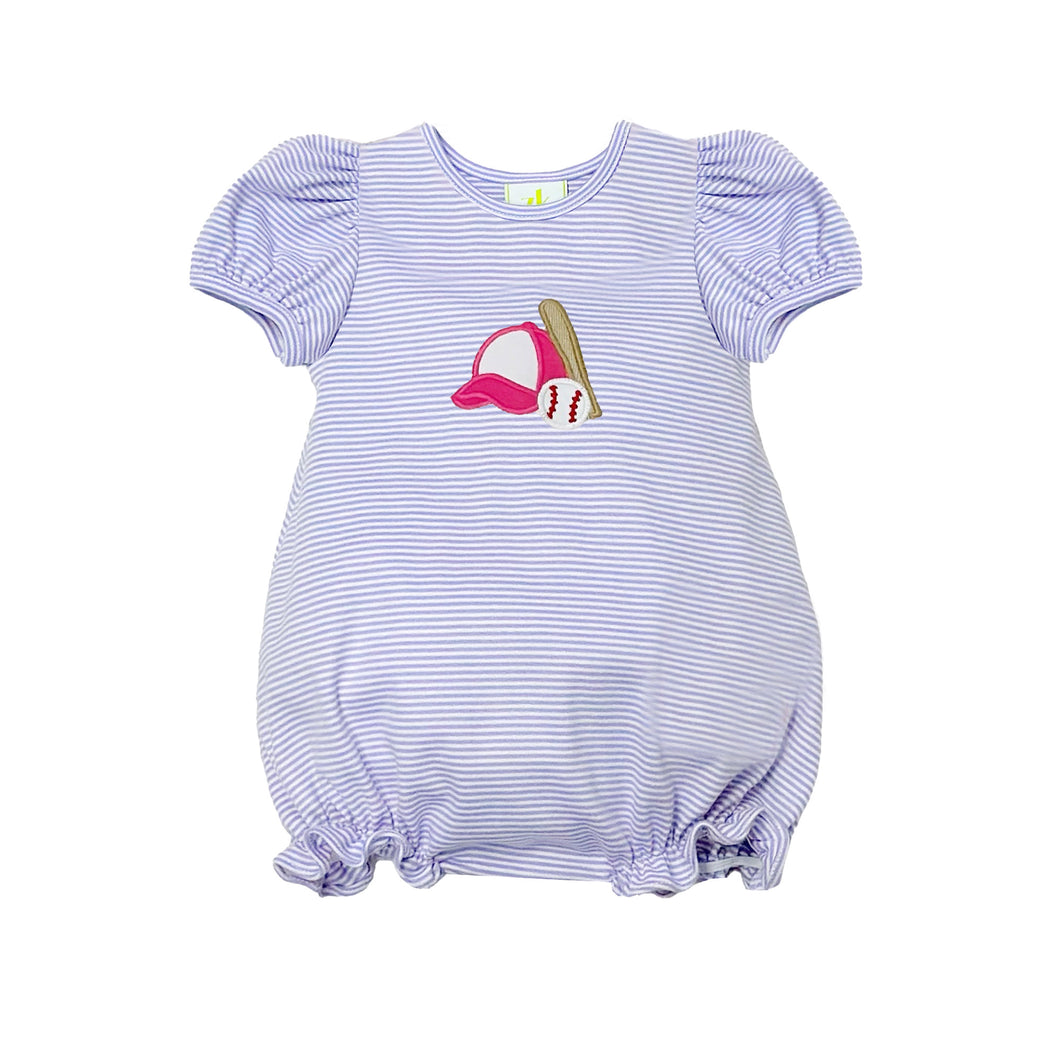 Get your little one ready for the summer with our Lavender Stripe Baseball Bubble from Zuccini Kids! This infant girls bubble is the perfect outfit for any ball games, featuring short sleeves, white and lavender stripes, and a cute baseball applique. Keep them comfortable and stylish all season long.