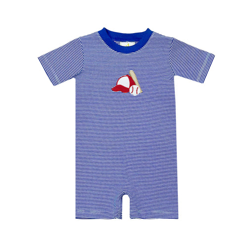 Elevate your little one's style with our Royal Blue Striped Baseball Shortall. Designed by Zuccini Kids for infant boys, this shortall features a classic royal blue and white striped pattern, adorned with a playful baseball applique. Perfect for any occasion, your little guy will love this home run outfit!