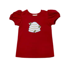 Load image into Gallery viewer, This red Bee Hive Knit Top is perfect for your little toddler girl. Adorned with a cute bee hive and bees on the front, it pairs perfectly with the Bitty Dot Scalloped Shorts for an adorable outfit. Made by Zuccini Kids, this top is both stylish and comfortable for your little one.
