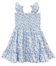 Load image into Gallery viewer, Experience the beauty of spring and summer in our Charlotte Blue Floral Dress from Be Elizabeth! Featuring a classic blue and white floral design, a tiered skirt for a flowy silhouette, a smocked bodice for a comfortable fit, and flutter sleeves for a touch of charm. Perfect for your stylish tween&#39;s wardrobe!

