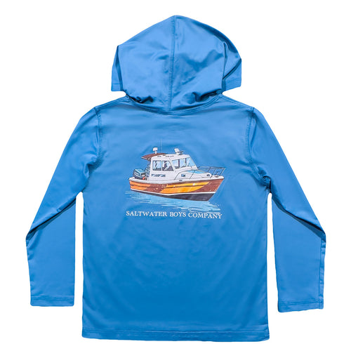 Stay comfortable and stylish on and off the water with the Classic Boat Performance Hoodie from Salt Water Boys. This classic blue hoodie features an image of a classic boat and is perfect for cooler days or beach breezes. Available in sizes for toddlers to tweens.
