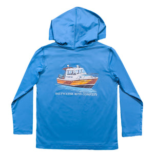 Stay comfortable and stylish on and off the water with the Classic Boat Performance Hoodie from Salt Water Boys. This classic blue hoodie features an image of a classic boat and is perfect for cooler days or beach breezes. Available in sizes for toddlers to tweens.