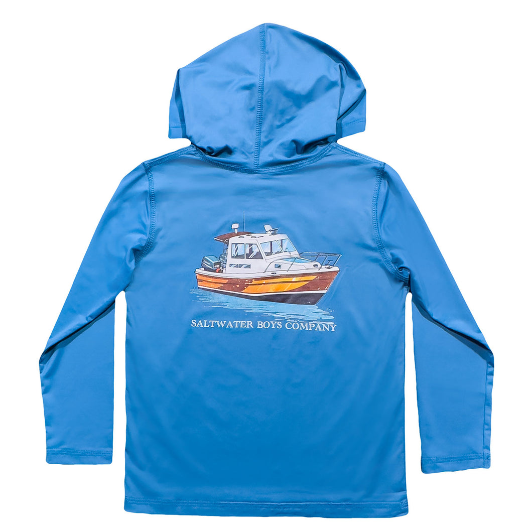 Stay comfortable and stylish on and off the water with the Classic Boat Performance Hoodie from Salt Water Boys. This classic blue hoodie features an image of a classic boat and is perfect for cooler days or beach breezes. Available in sizes for toddlers to tweens.