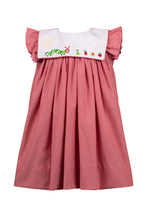 Load image into Gallery viewer, Celebrate your little reader’s style with the Girls Red Bookworm Dress from The Proper Peony. This charming dress features a delightful embroidered bookworm on the front and playful ruffle sleeves, all in a soft heathered red fabric. It’s the perfect back-to-school outfit that combines comfort and cuteness, making every day a storybook adventure for your little bookworm.
