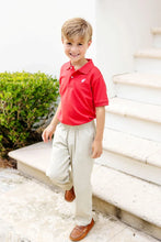 Load image into Gallery viewer, The Prepletic Sheffield Pants in Keeneland Khaki by The Beaufort Bonnet Company blend timeless style with performance fabric, offering comfort and durability for your little one. The classic silhouette and signature stork detail elevate every outfit, perfect for any occasion from playtime to special moments! 
