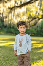 Load image into Gallery viewer, Dress your little explorer in the Deer Pant Set by Trotter Street Kids—a cozy striped tee with an adorable deer appliqué, matched with warm brown pants. Perfect for crisp autumn days, it brings comfort and charm to every outdoor adventure!
