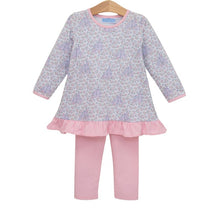 Load image into Gallery viewer, Let your little one shine in the Hidden Castle Pant Set by Trotter Street Kids. The charming floral tunic, with hidden castles, detailed with delicate pink ruffles, pairs perfectly with cozy pants—ideal for vibrant autumn days filled with school adventures or joyful playdates!
