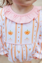 Load image into Gallery viewer, Celebrate fall’s magic with the Pumpkin Patch Ruffle Bubble by Trotter Street Kids! This charming infant romper wraps your little one in soft pink and orange pumpkins, finished with a sweet ruffled collar—perfect for cozy autumn days and unforgettable seasonal moments. Ready for all the fall fun!
